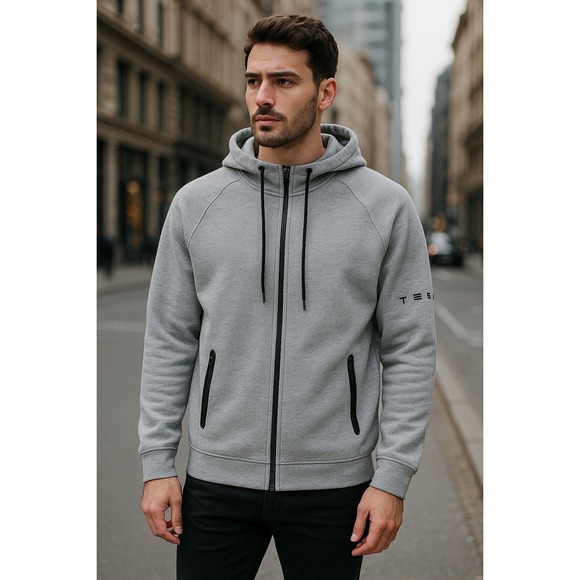 Tesla Mens Gray Full Zip Drawstring Hoodie Jacket Size XL Logo Sleeve Tech Style - Picture 1 of 10